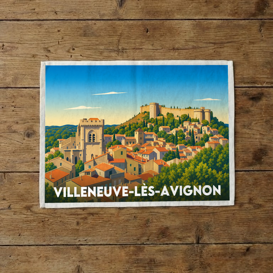 Torchon souvenir de la ville de Villeneuve-lès-Avignon avec une illustration stylisée.
