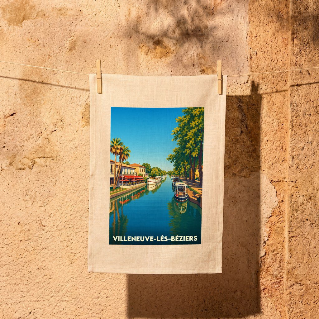 Torchon souvenir de la ville de Villeneuve-lès-Béziers illustré d'une scène de canal colorée et stylisée.