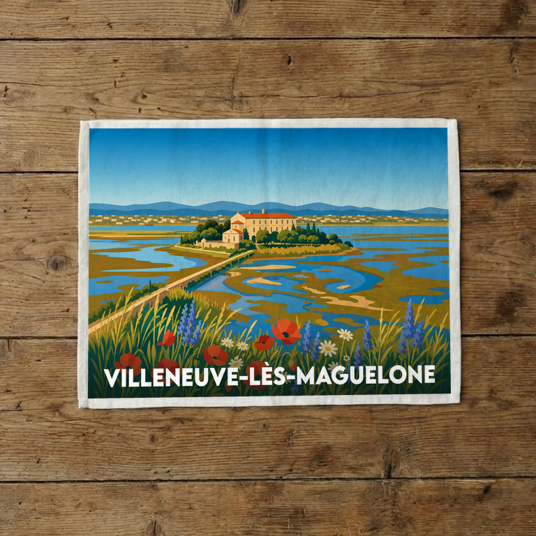 Torchon souvenir de Villeneuve-lès-Maguelone avec une illustration stylisée des étangs et de la cathédrale.
