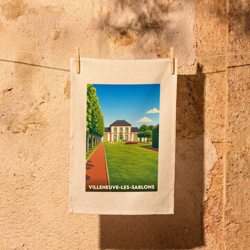 Torchon souvenir de la ville de Villeneuve-les-Sablons avec une illustration stylisée de son hôtel de ville.