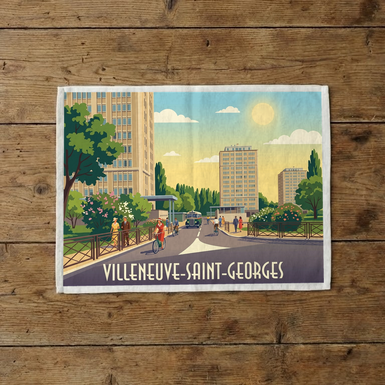 Torchon souvenir de la ville de Villeneuve-Saint-Georges avec une illustration stylisée.