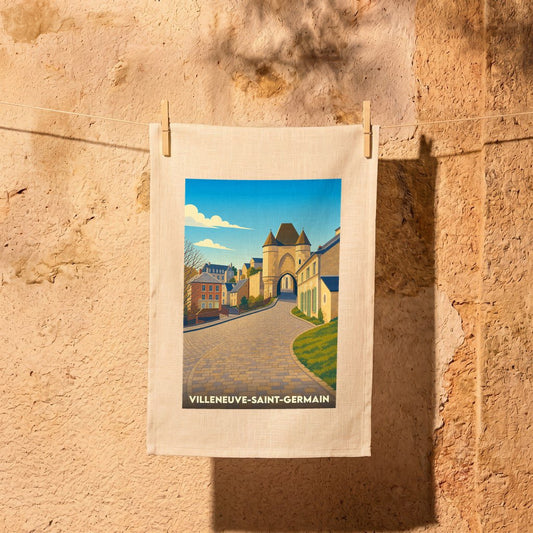 Torchon souvenir de la ville de Villeneuve-Saint-Germain avec une illustration stylisée.