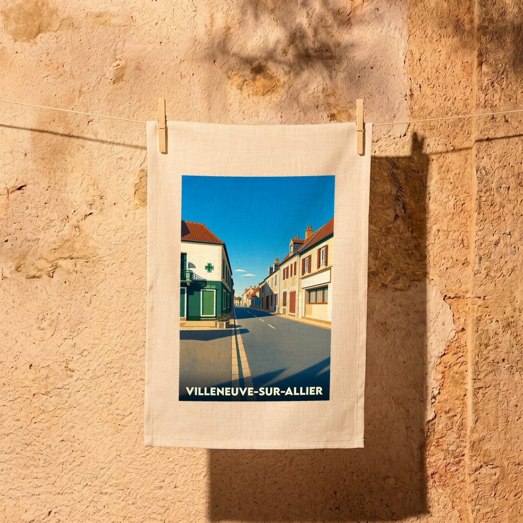 Torchon souvenir de la ville de Villeneuve-sur-Allier avec une illustration stylisée d'une rue ensoleillée.