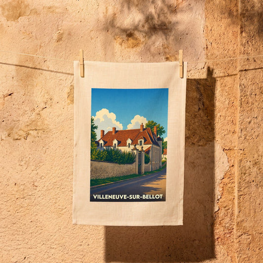 Torchon souvenir de la ville de Villeneuve-sur-Bellot avec une illustration stylisée d'une maison de campagne.