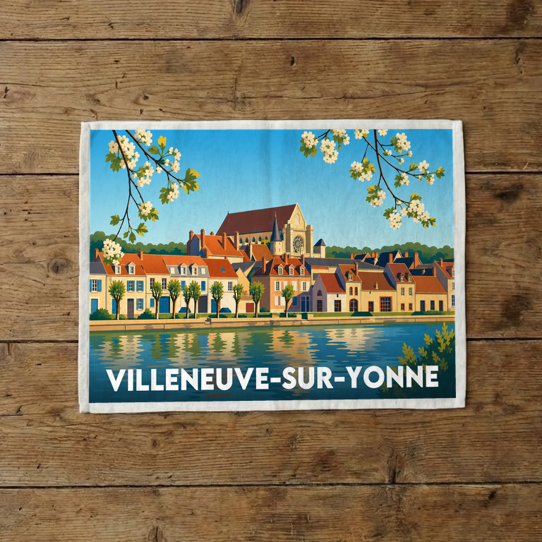 Torchon souvenir de la ville de Villeneuve-sur-Yonne avec une illustration stylisée.