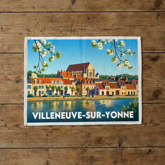 Torchon souvenir de la ville de Villeneuve-sur-Yonne avec une illustration stylisée.