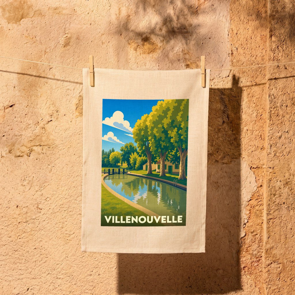 Torchon souvenir de la ville de Villenouvelle orné d'une illustration stylisée du canal et de ses arbres.