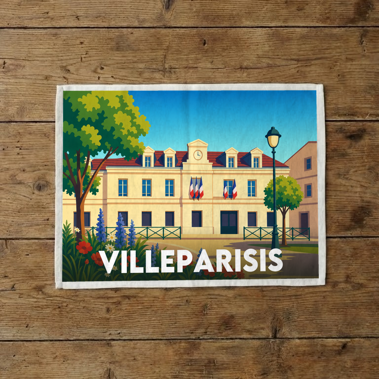 Torchon souvenir de la ville de Villeparisis avec une illustration stylisée de son hôtel de ville.