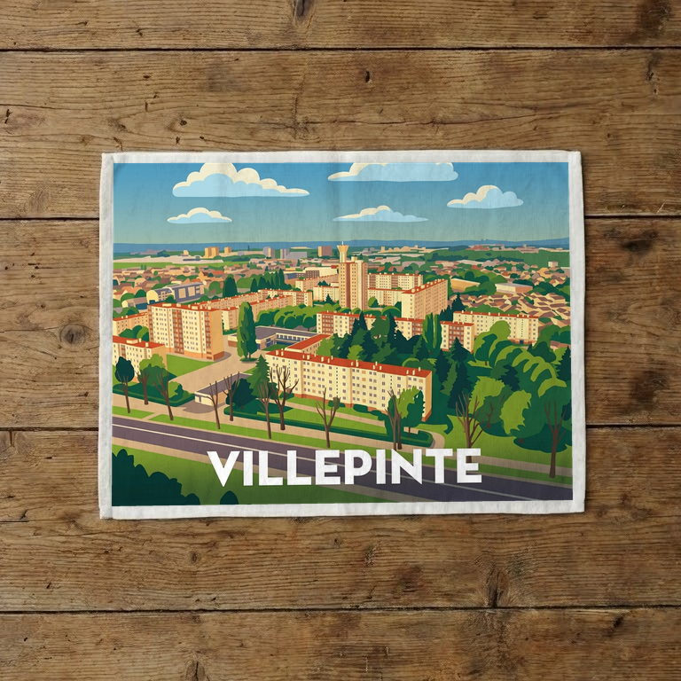 Torchon souvenir de la ville de Villepinte avec une illustration stylisée.