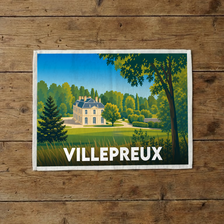 Torchon souvenir de la ville de Villepreux avec une illustration stylisée.
