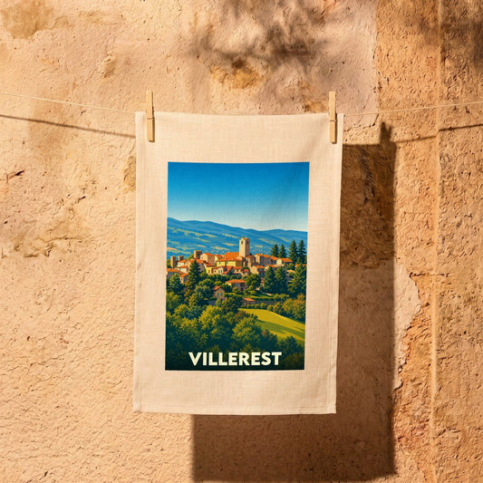 Torchon souvenir de la ville de Villerest orné d'une illustration paysagère stylisée.
