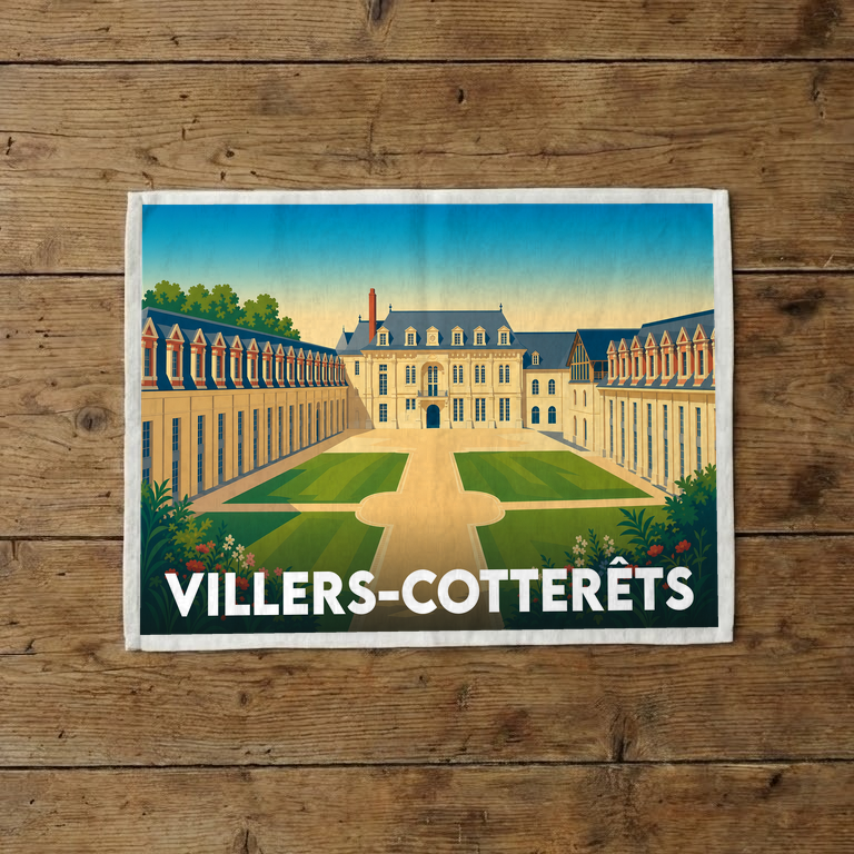 Torchon souvenir de la ville de Villers-Cotterêts avec une illustration stylisée de son château.