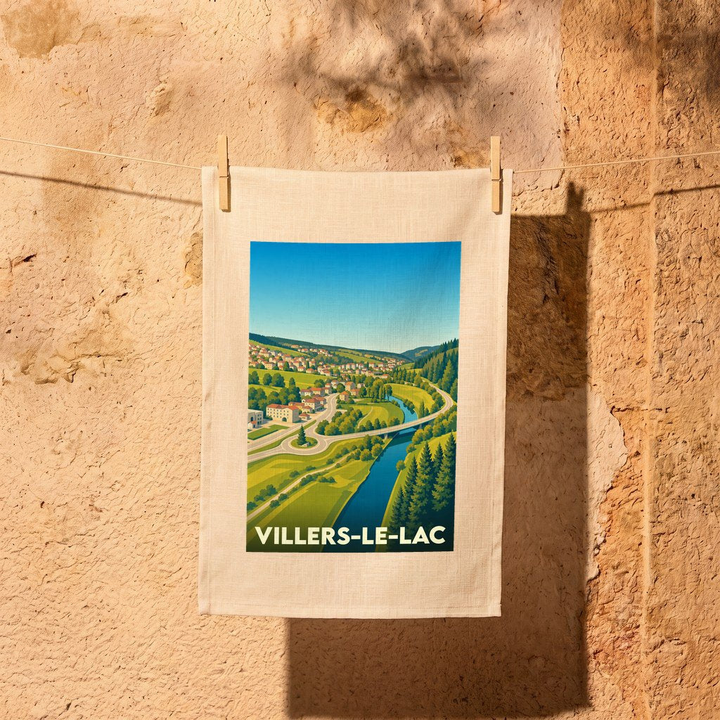 Torchon souvenir de la ville de Villers-le-Lac avec une illustration paysagère stylisée.