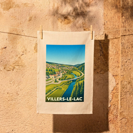 Torchon souvenir de la ville de Villers-le-Lac avec une illustration stylisée.