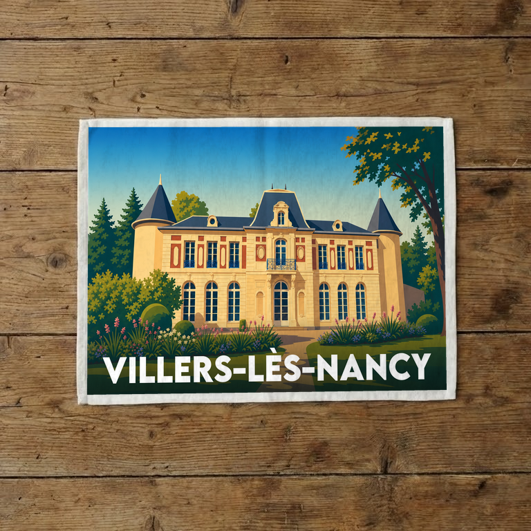 Torchon souvenir de la ville de Villers-lès-Nancy avec une illustration stylisée d'un manoir.