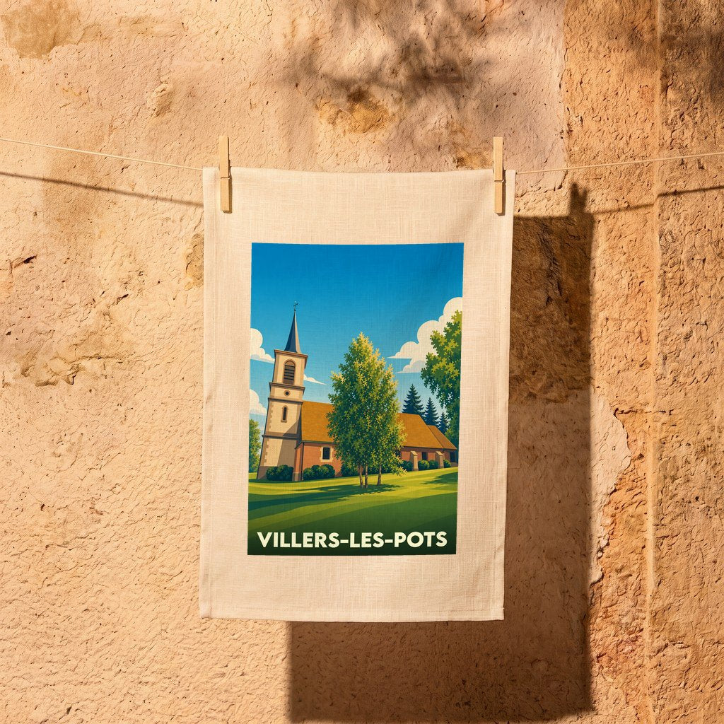 Torchon souvenir de la ville de Villers-les-Pots avec une illustration stylisée de son église.