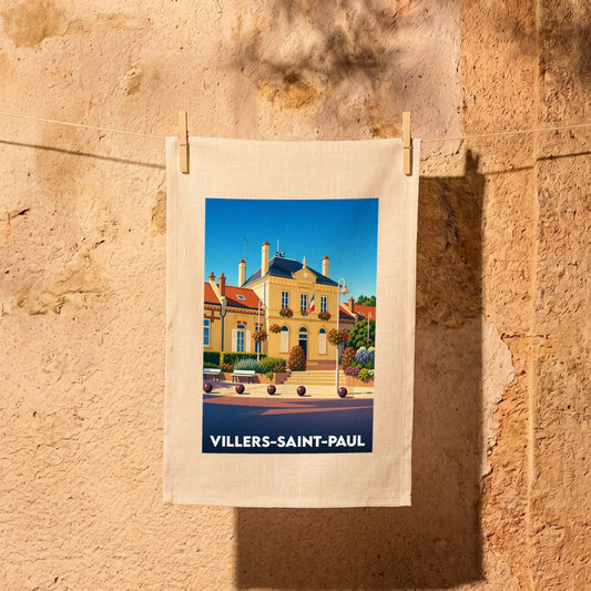 Torchon souvenir de la ville de Villers-Saint-Paul avec une illustration colorée de sa mairie.