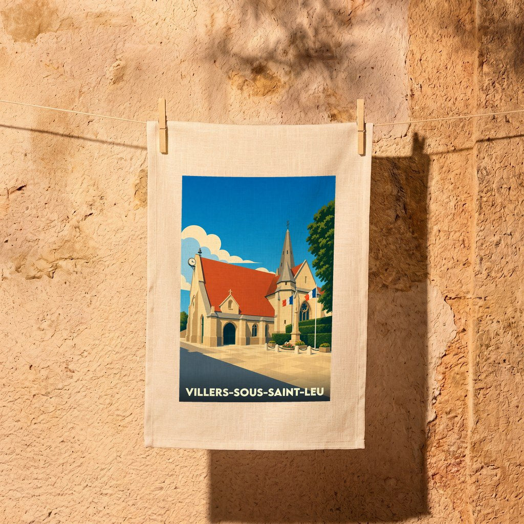 Torchon souvenir de la ville de Villers-sous-Saint-Leu avec une illustration stylisée de son église.