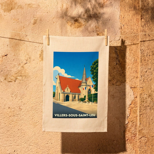 Torchon souvenir de la ville de Villers-sous-Saint-Leu avec une illustration stylisée de son église.