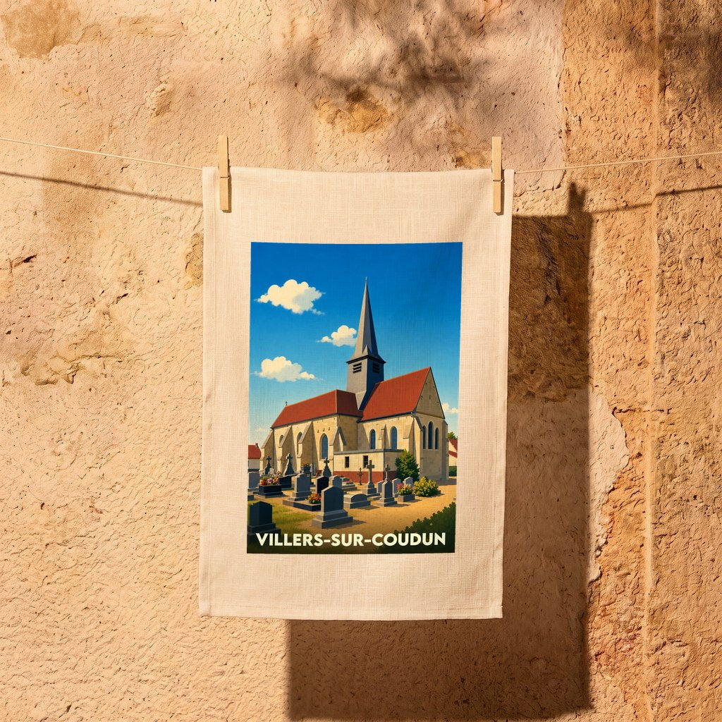 Torchon souvenir de la ville de Villers-sur-Coudun illustré d'une église et de son cimetière dans un style rétro.