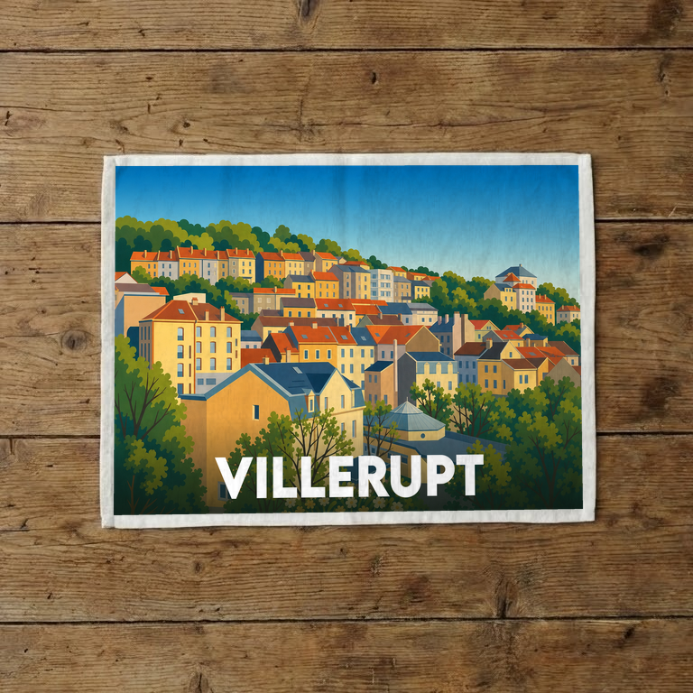 Torchon souvenir de la ville de Villerupt orné d'une illustration stylisée et colorée de ses maisons à flanc de colline.