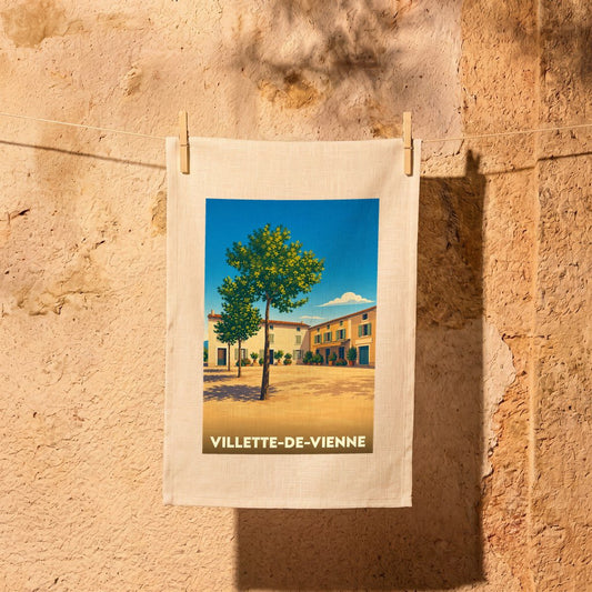 Torchon souvenir de la ville de Villette-de-Vienne avec une illustration stylisée d'une place ensoleillée.