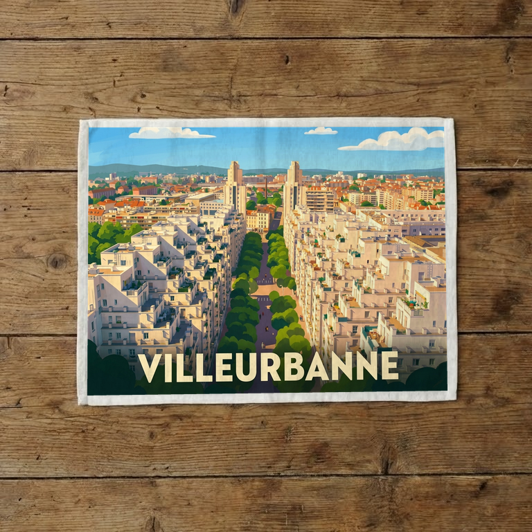 Torchon souvenir de la ville de Villeurbanne avec une illustration stylisée.