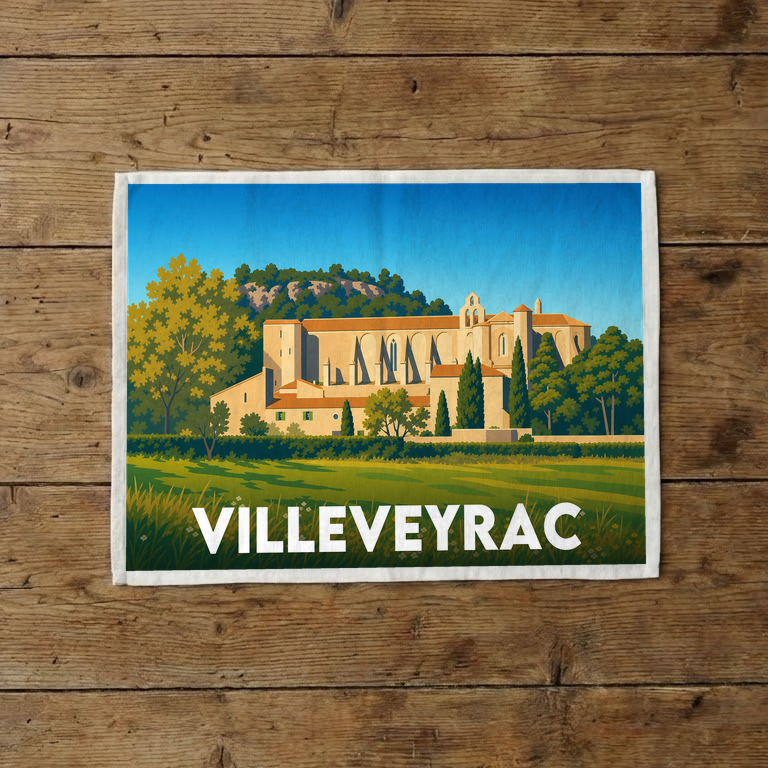 Torchon souvenir de la ville de Villeveyrac avec une illustration stylisée de ses paysages et de son patrimoine.