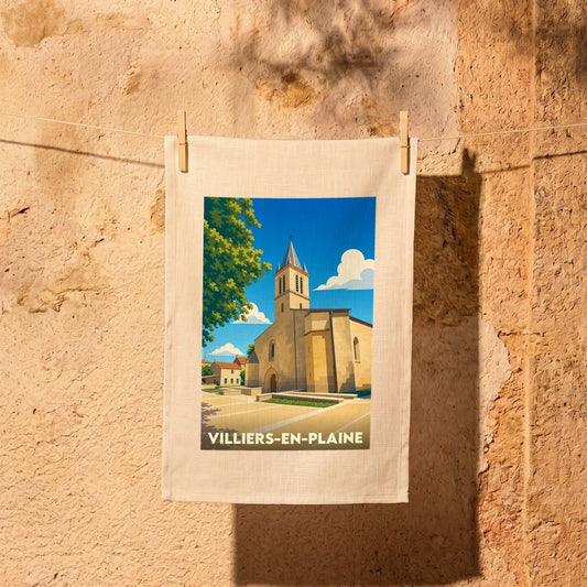 Torchon souvenir de Villiers-en-Plaine avec une illustration stylisée de son église sous un ciel bleu.