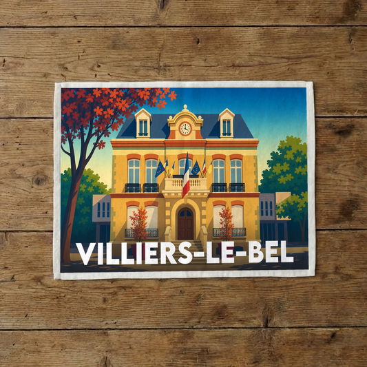 Torchon souvenir de la ville de Villiers-le-Bel avec une illustration stylisée de l'hôtel de ville.
