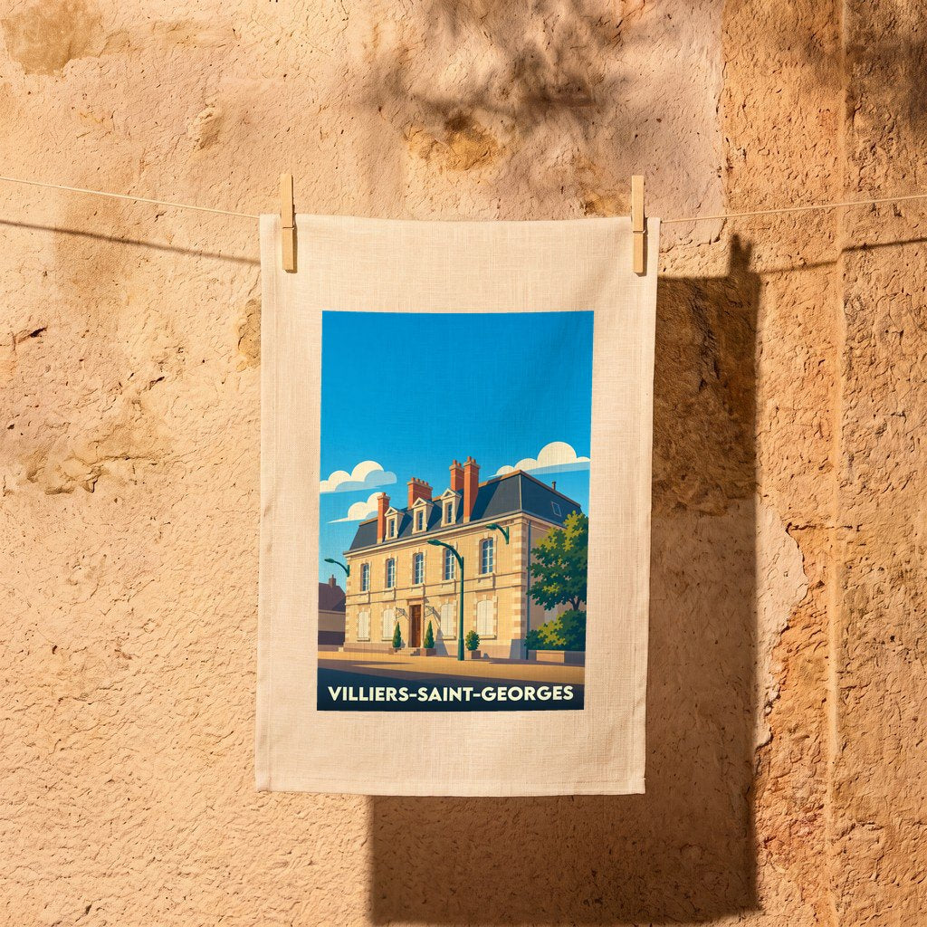 Torchon souvenir de la ville de Villiers-Saint-Georges avec une illustration stylisée.