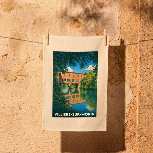 Torchon souvenir de la ville de Villiers-sur-Morin avec une illustration stylisée d'un moulin sur l'eau.