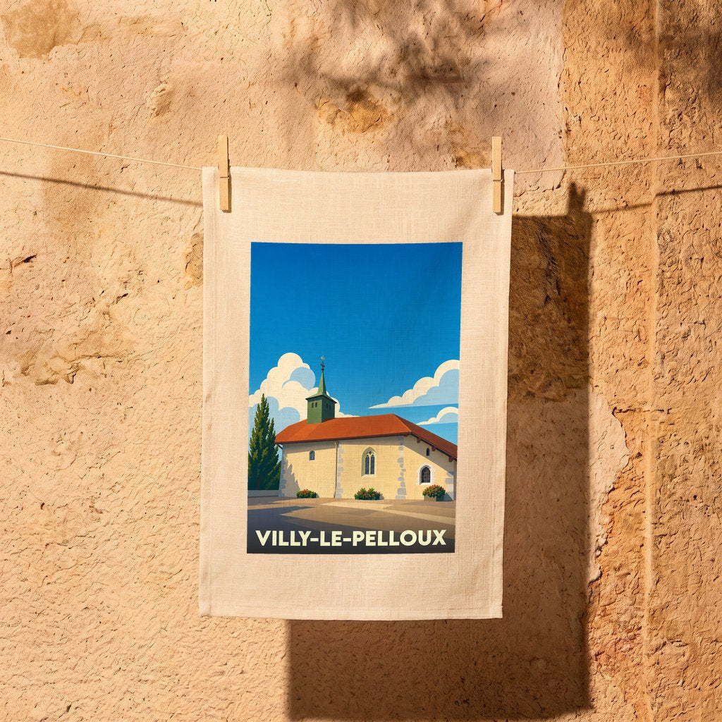 Torchon souvenir de la ville de Villy-le-Pelloux avec une illustration stylisée de son église.