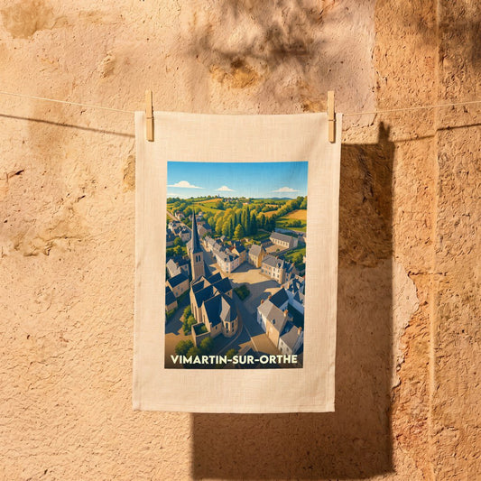 Torchon souvenir de la ville de Vimartin-sur-Orthe avec une illustration stylisée d'une vue aérienne.