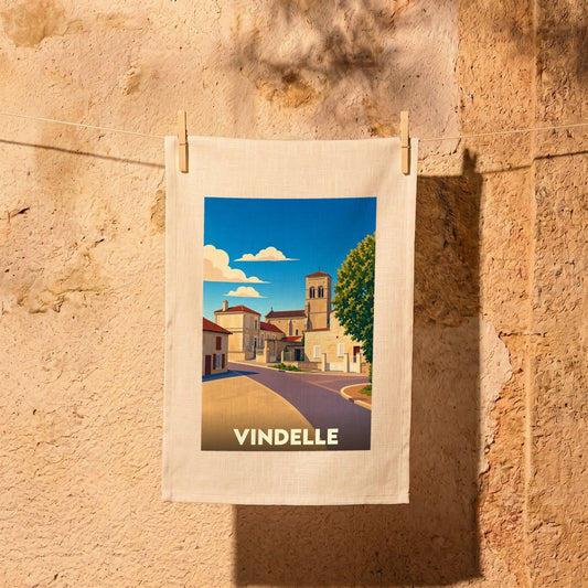 Torchon souvenir de la ville de Vindelle avec une illustration stylisée.