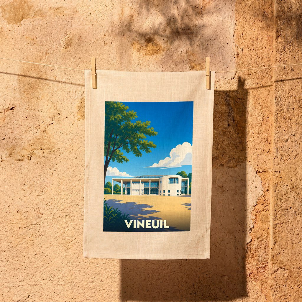 Torchon souvenir de la ville de Vineuil arborant une illustration stylisée d'un bâtiment moderne.