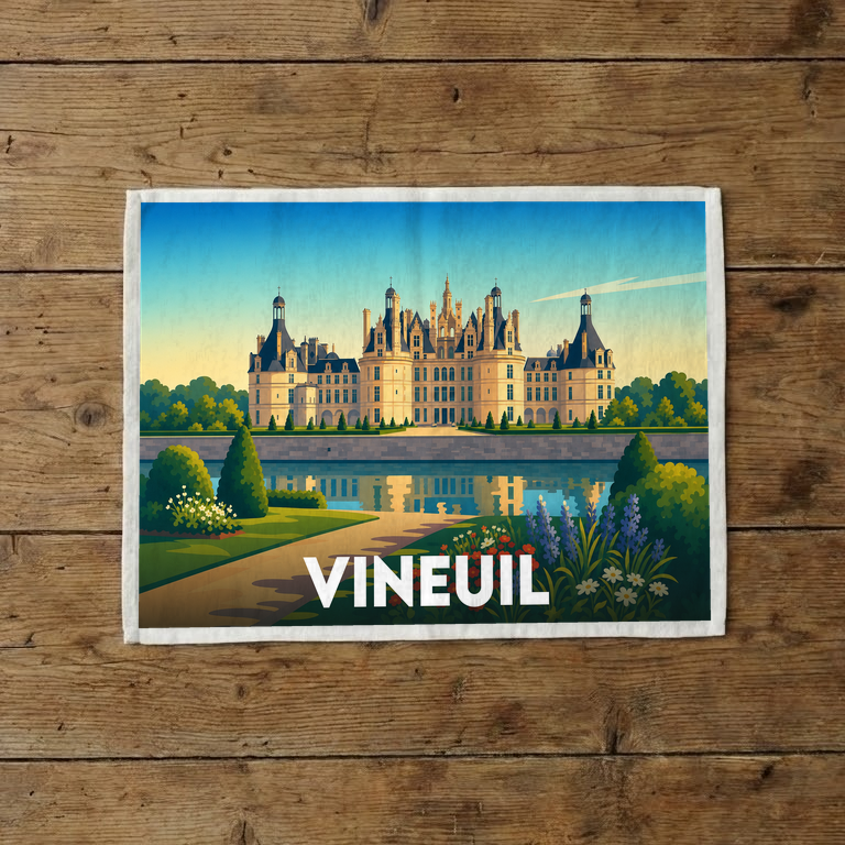 Torchon souvenir de la ville de Vineuil illustré par une vue stylisée du château de Chambord au bord de l'eau.