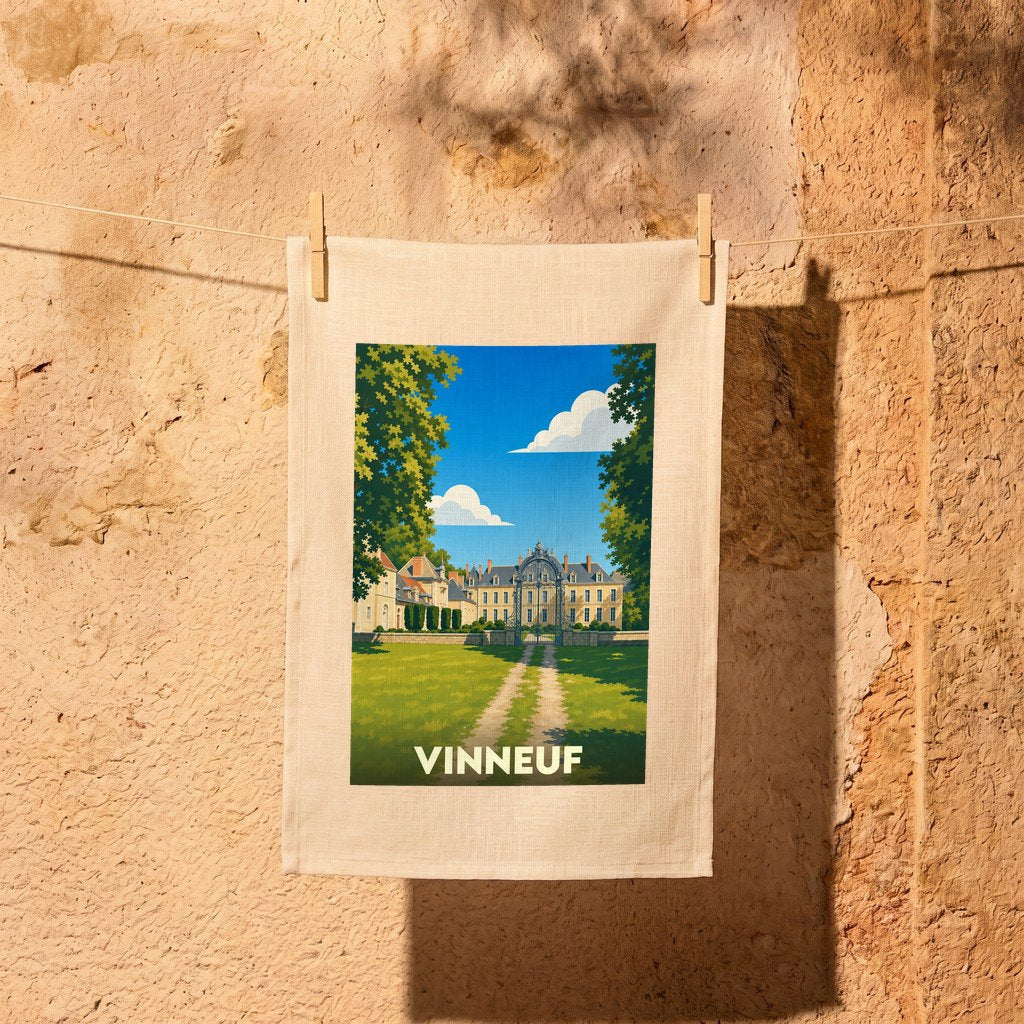 Torchon souvenir de la ville de Vinneuf avec une illustration stylisée de son château.