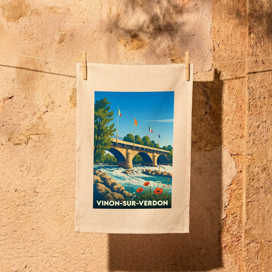 Torchon souvenir de la ville de Vinon-sur-Verdon avec une illustration stylisée d'un pont sur le Verdon.