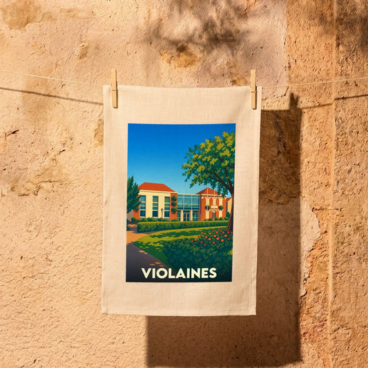 Torchon souvenir de la ville de Violaines illustré d'un paysage urbain stylisé et coloré.