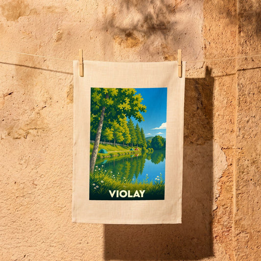 Torchon souvenir de la ville de Violay illustré d'un paysage de lac et de forêt stylisé.