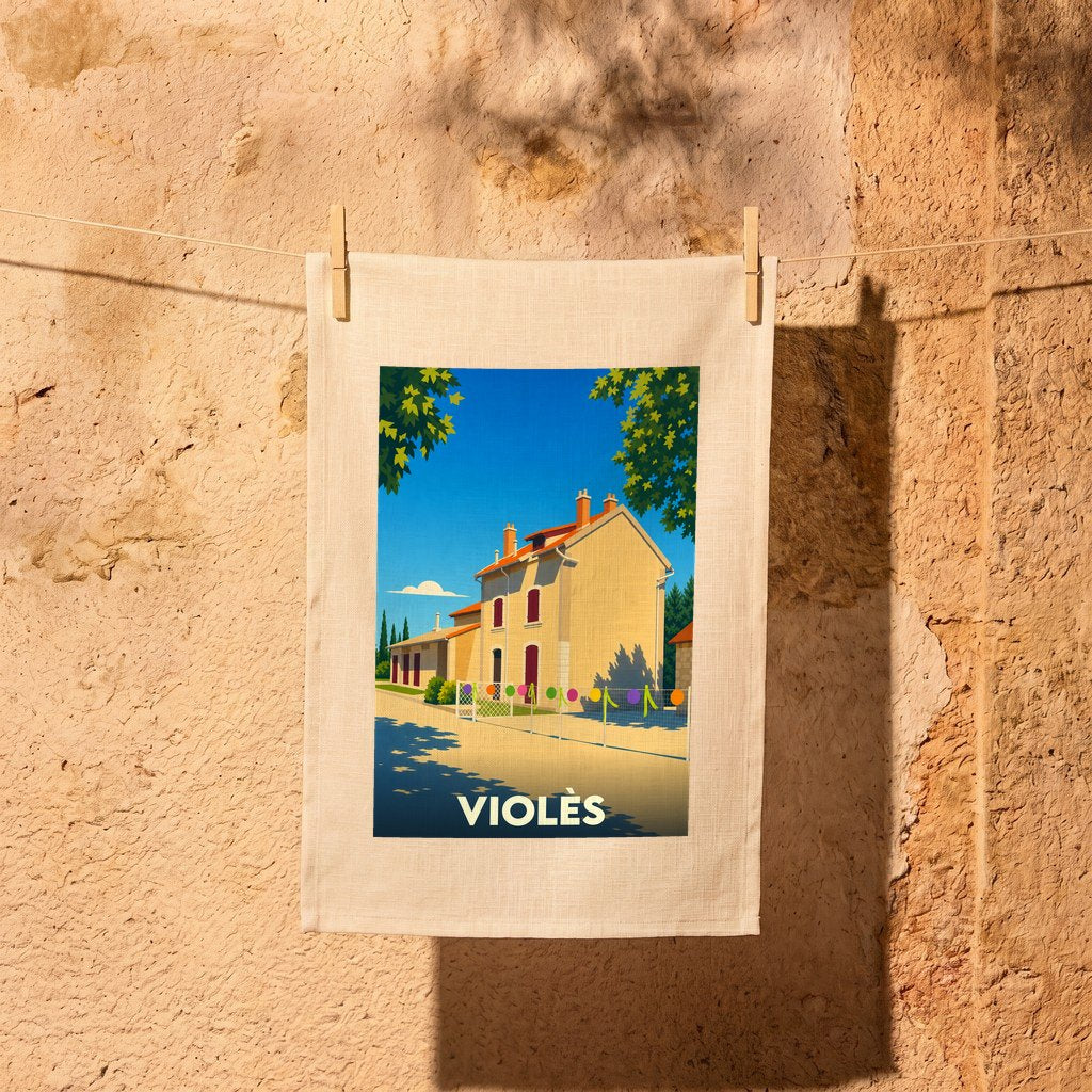 Torchon souvenir de la ville de Violès illustrant une maison provençale sous un ciel bleu azur.