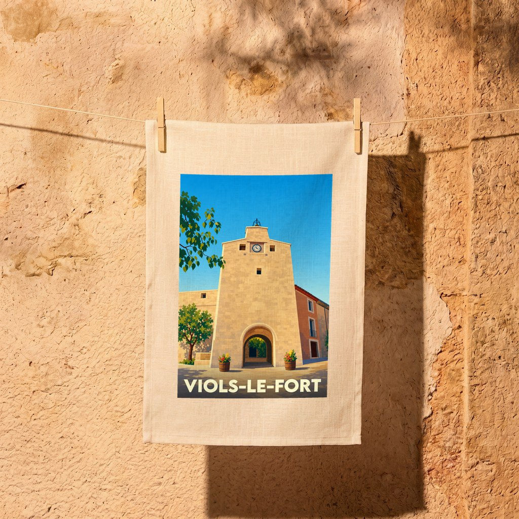 Torchon souvenir de la ville de Viols-le-Fort avec une illustration stylisée de sa tour horloge.