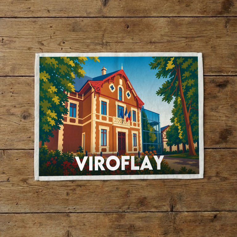 Torchon souvenir de la ville de Viroflay avec une illustration stylisée d'un bâtiment historique et de la végétation.