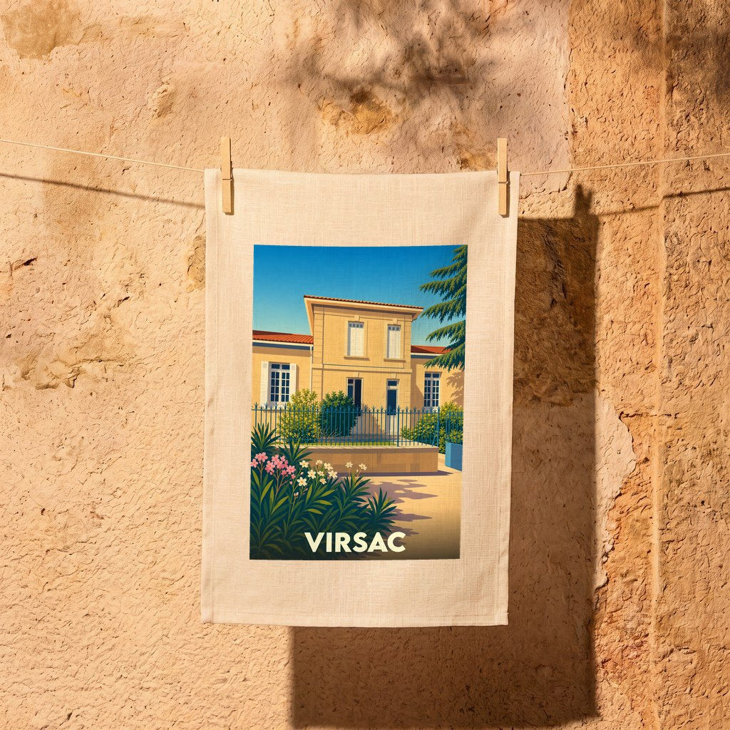 Torchon souvenir de la ville de Virsac avec une illustration stylisée.