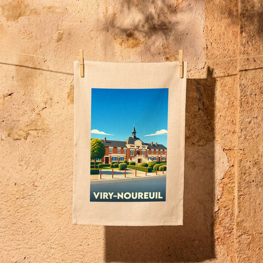 Torchon souvenir de la ville de Viry-Noureuil avec une illustration stylisée.