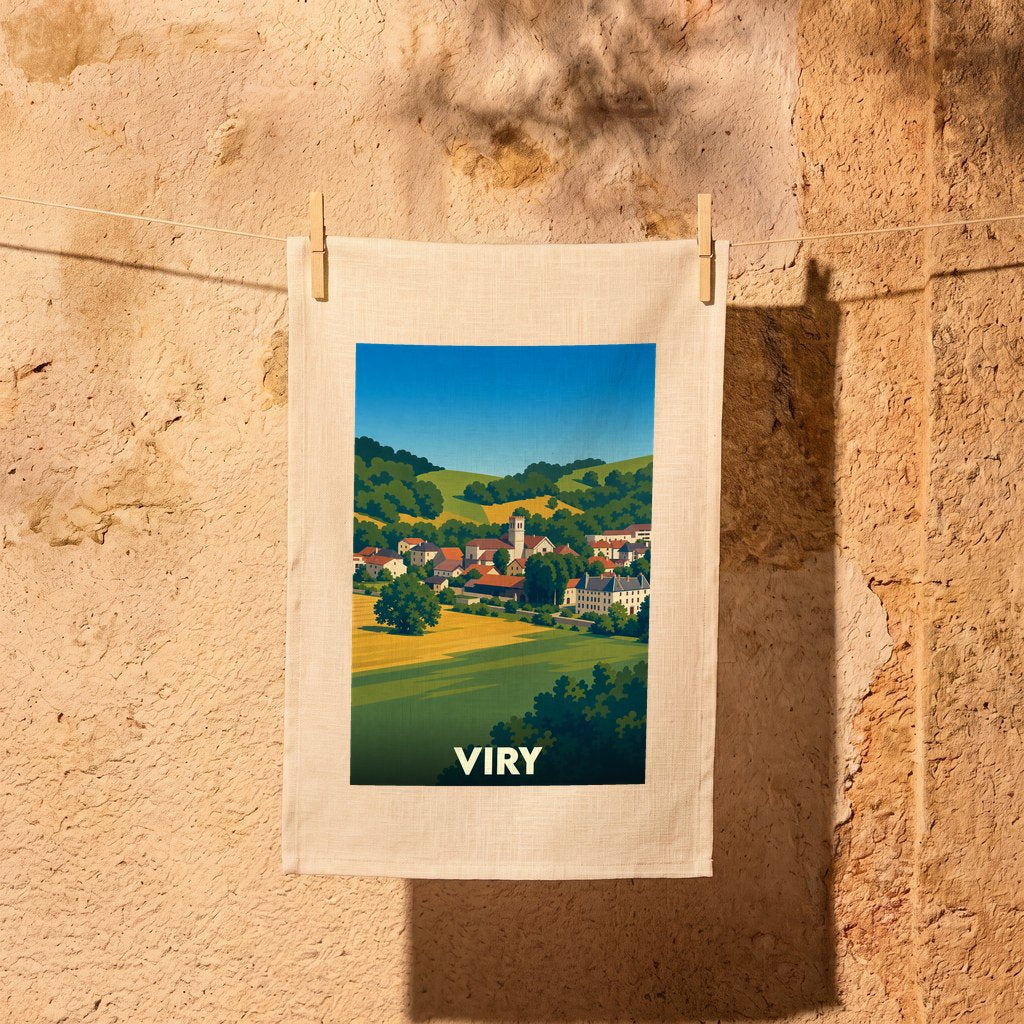 Torchon souvenir de la ville de Viry avec une illustration stylisée d'un paysage de campagne.