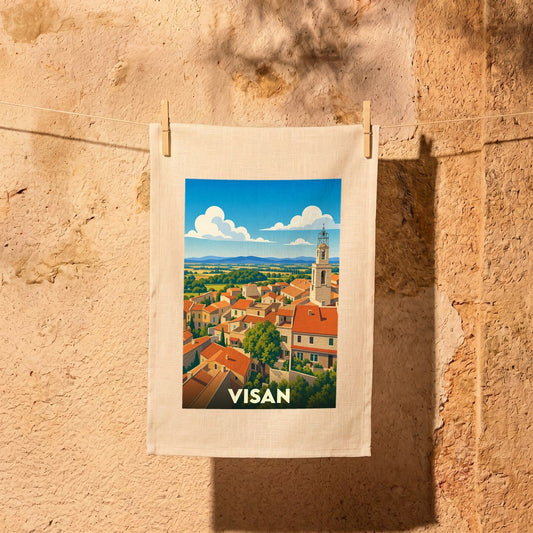 Torchon souvenir de la ville de Visan avec une illustration stylisée.