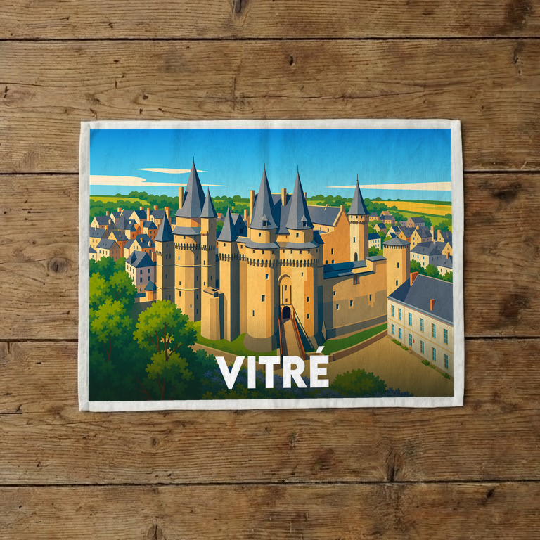 Torchon souvenir de la ville de Vitré avec une illustration stylisée de son château médiéval.