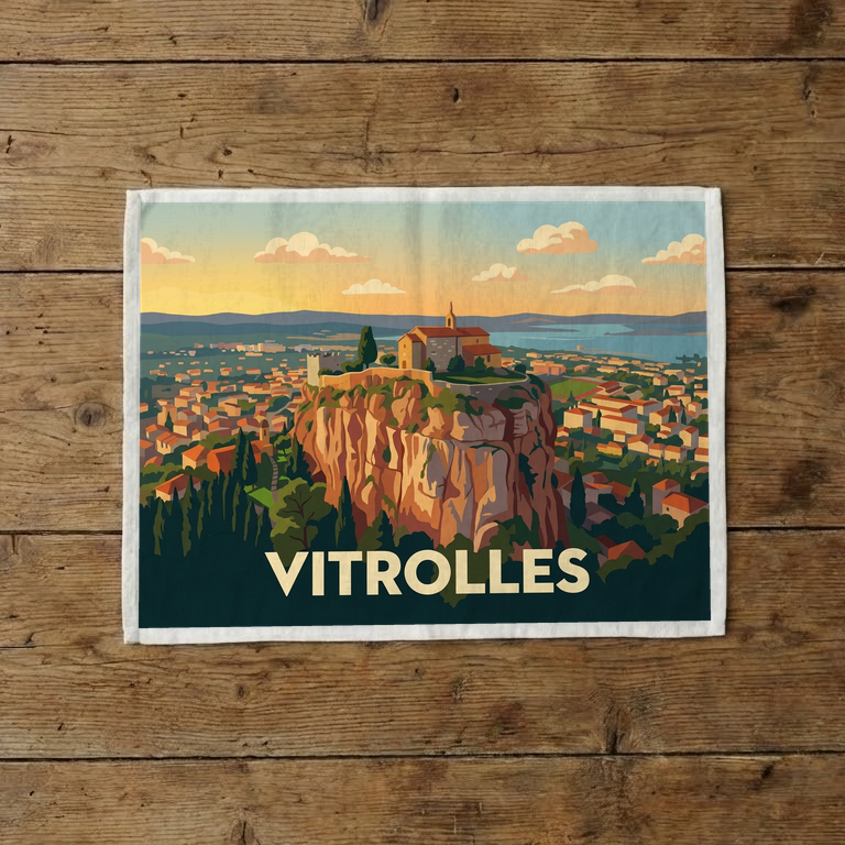 Torchon souvenir de la ville de Vitrolles avec une illustration stylisée de son célèbre rocher.